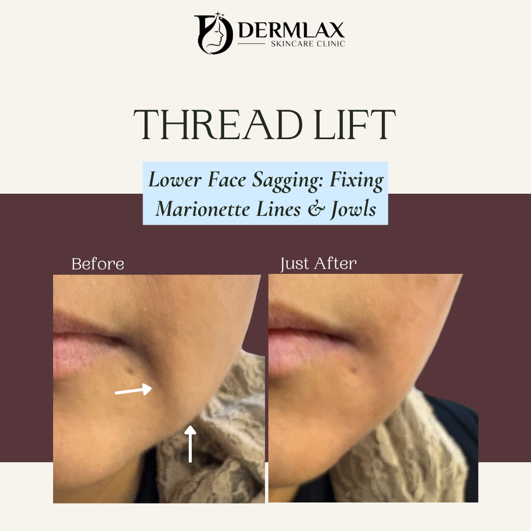 Thread Lift – Lower face sagging: marionette lines & jowls before and after at Dermlax Skincare Clinic Karachi