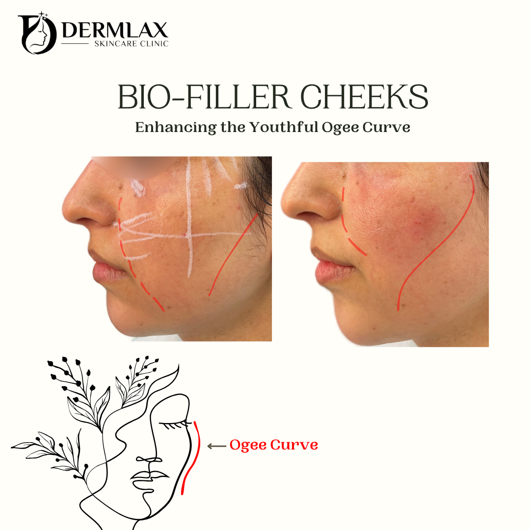 Bio Filler – Cheeks: enhancing the youthful ogee curve before and after at Dermlax Skincare Clinic Karachi